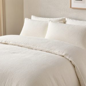 Waffle Weave Comforter Set Breathable Textured Microfiber Bedding Three Pieces Lightweight Cozy Cream White