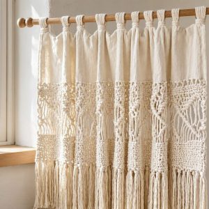 13 Boho Cotton Macrame Window Curtains Hand Woven Textured Chic Fringe Drapes Single Panel Tab Top Off White