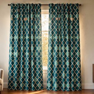 15 Modern Geometric Printed Curtains Moroccan Tile Lattice Pattern Window Drapes Two Panels Back Tab Living Room Teal