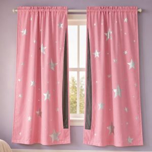 18 Kids Star Pattern Blackout Curtains Foil Printed Silver Sparkle Night Sky Drapes Two Panels Rod Pocket Pink