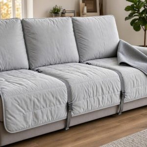 Waterproof Reversible Sofa Protector Couch Cover With Adjustable Straps For Living Room Pets Kids Light Grey
