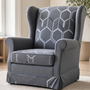 25 Stretch Wingback Chair Cover Printed Geometric Pattern Spandex Two Piece Armchair Slipcover With Cushion Cover Grey