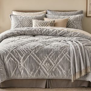 3 Bohemian Geometric Tufted Comforter Set All Season Fluffy Microfiber Bedding Ensemble Neutral Grey Chic