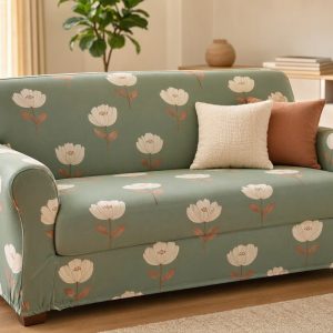 Elastic Printed Lovestool Cover Stretch Two Seater Couch Slipcover Modern Floral Fabric Furniture Shield Sage Green
