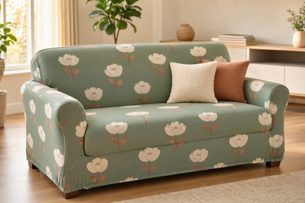 30 Elastic Printed Lovestool Cover Stretch Two Seater Couch Slipcover Modern Floral Fabric Furniture Shield Sage Green
