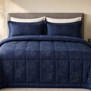 4 Elegant Jacquard Floral Bedspread Quilt Set Lightweight Coverlet Overstitched Bed Cover King Size Navy Blue