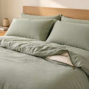 5 Ultra Soft Washed Cotton Comforter Cover Minimalist Breathable Bedding Set With Zipper Closure Sage Green