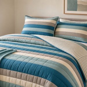 Reversible Modern Striped Quilt Set Breathable Microfiber Bedspread Coverlet Collection Double Sided Teal Blue